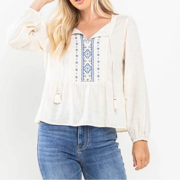 Lucky Brand Hazel Embroidered Cotton Blend Boho Peasant Top Size Medium - Picture 4 of 13